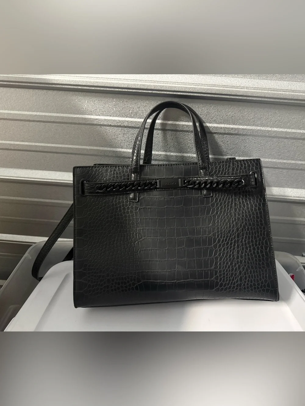 Aldo Black Croc-Embossed Convertible Satchel with Chain Trim